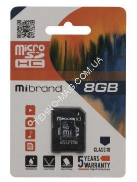 Mibrand MicroSDHC 8gb 10 Class & Adapter фото